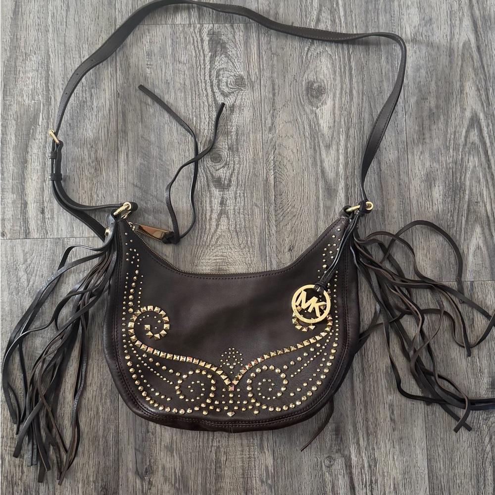 Michael Kors Black and Gold Studded Fringe Shoulder Bag